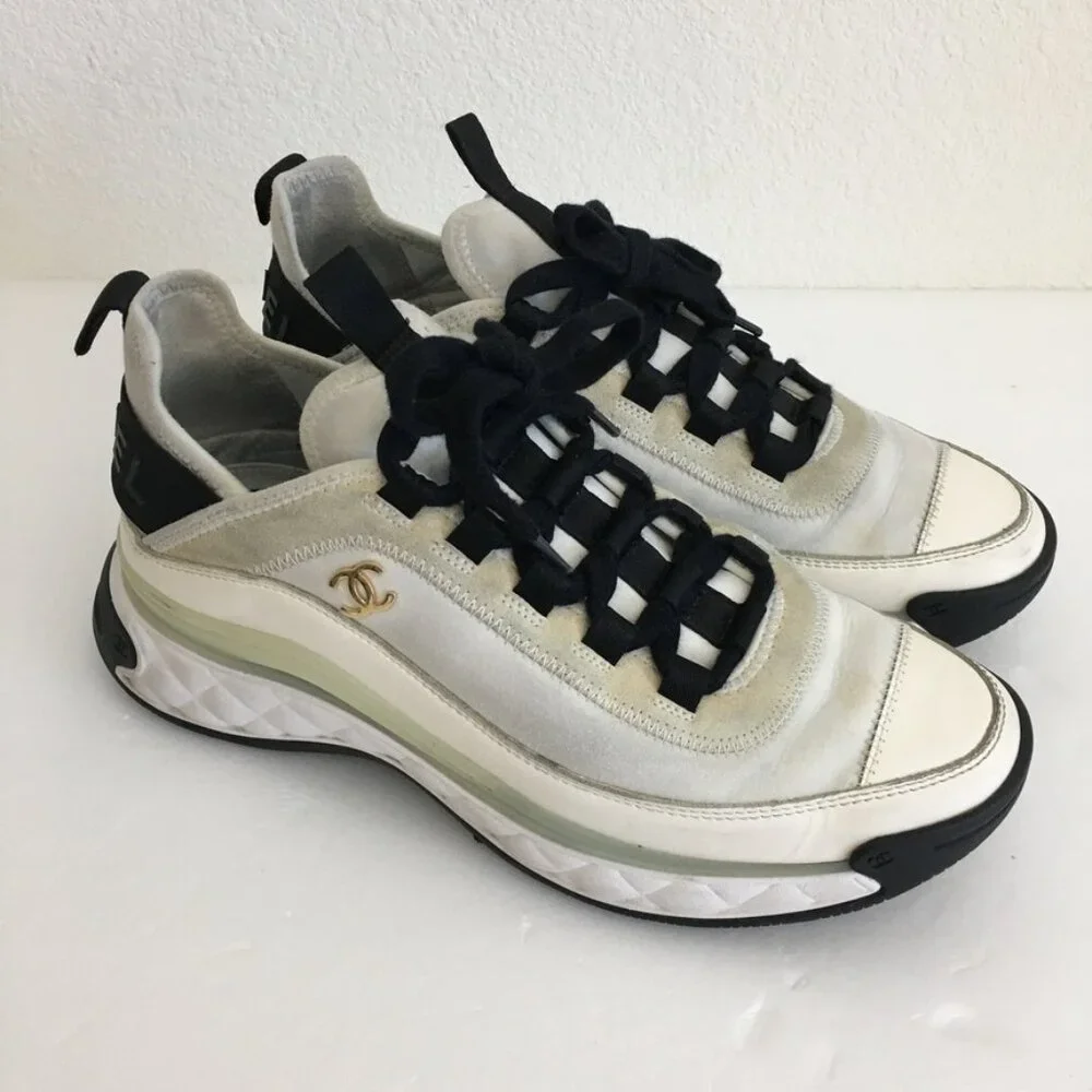 Authentic CHANEL velvet calfskin & mixed leather and mixed fibers sneakers
